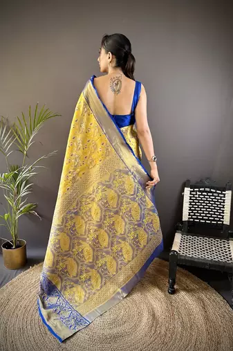 yellow & multicolor color zari weaving work kanjivaram tissue silk blend saree
