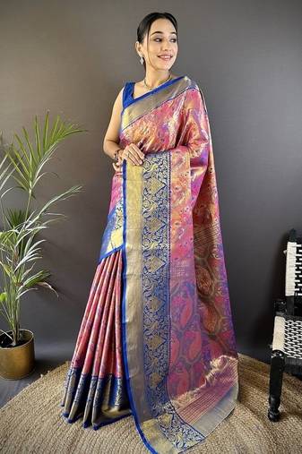 peach & multicolor color zari weaving work kanjivaram tissue silk saree