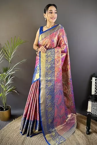 peach & multicolor color zari weaving work kanjivaram tissue silk saree