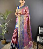 peach & multicolor color zari weaving work kanjivaram tissue silk saree