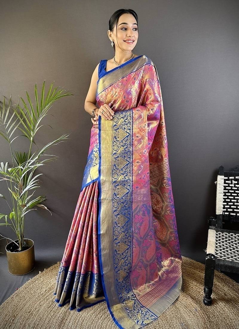 peach & multicolor color zari weaving work kanjivaram tissue silk saree