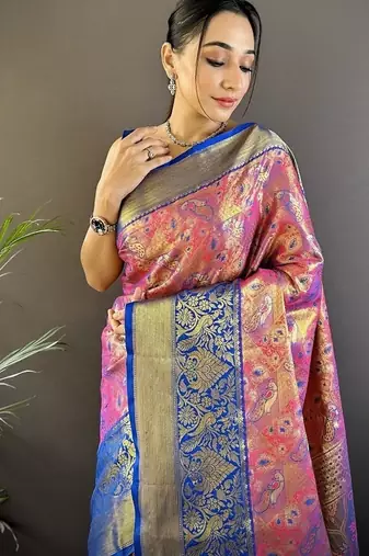peach & multicolor color zari weaving work kanjivaram tissue silk blend saree