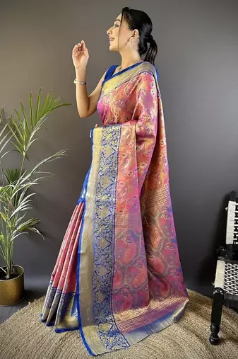 peach & multicolor color zari weaving work kanjivaram tissue silk blend saree