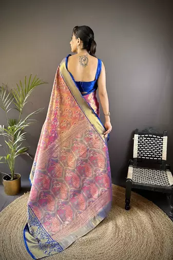 peach & multicolor color zari weaving work kanjivaram tissue silk blend saree