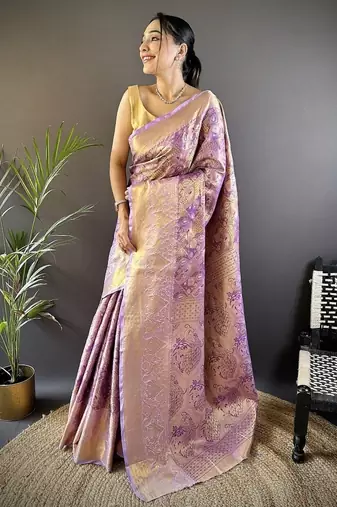 levender & multicolor color zari weaving work kanjivaram tissue silk saree