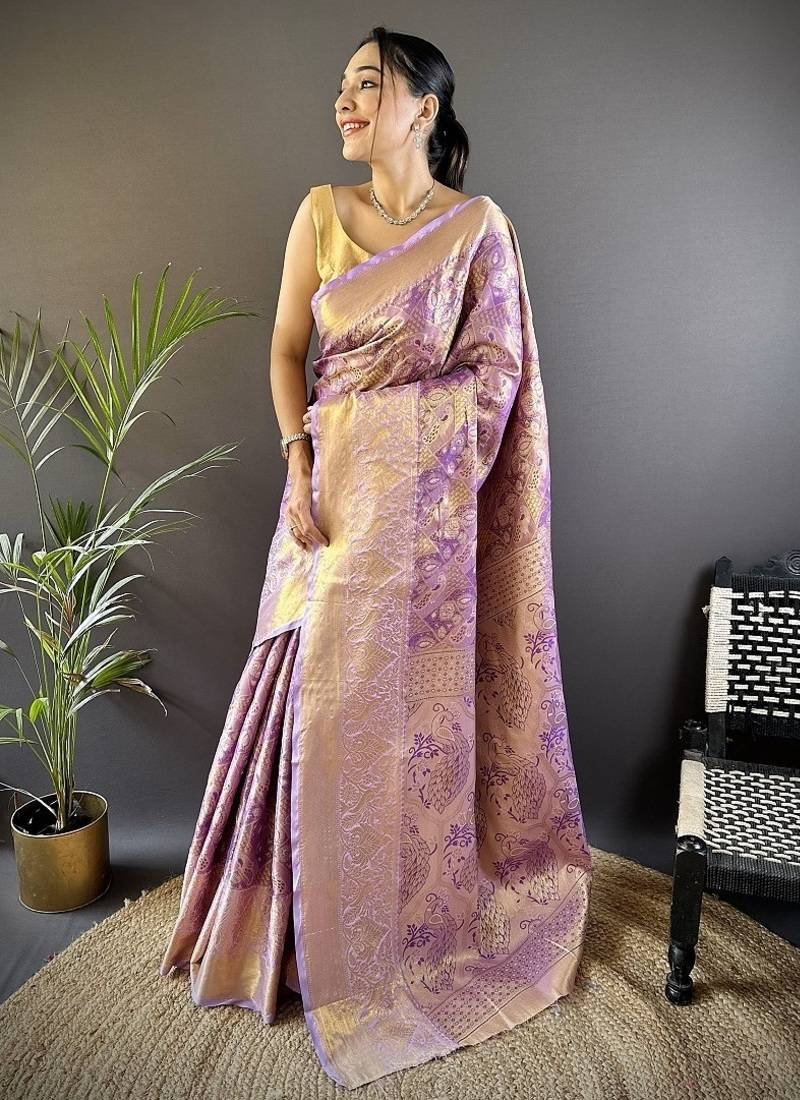 levender & multicolor color zari weaving work kanjivaram tissue silk saree