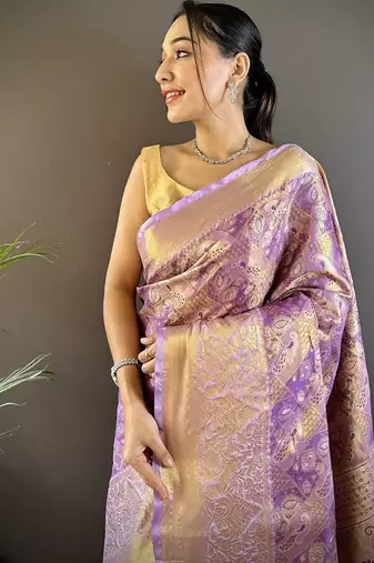 levender & multicolor color zari weaving work kanjivaram tissue silk blend saree