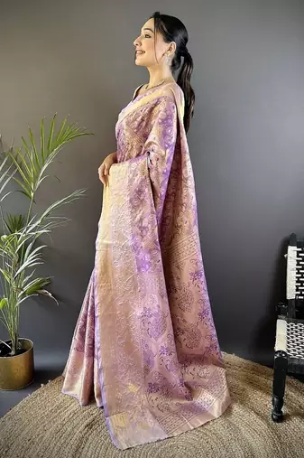 levender & multicolor color zari weaving work kanjivaram tissue silk blend saree