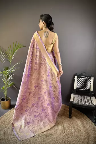 levender & multicolor color zari weaving work kanjivaram tissue silk blend saree