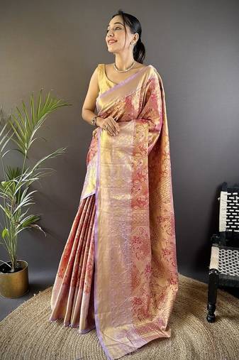 red & multicolor color zari weaving work kanjivaram tissue silk saree