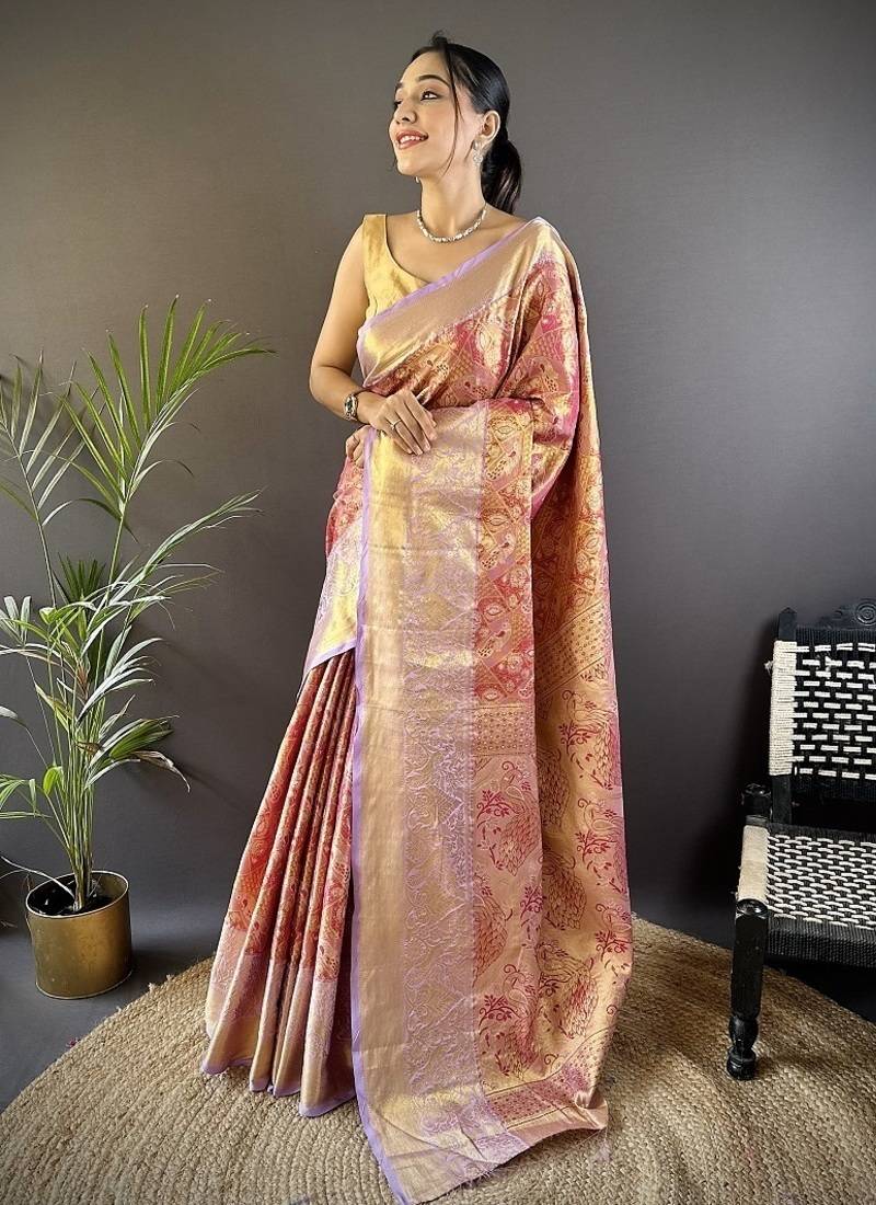 red & multicolor color zari weaving work kanjivaram tissue silk saree