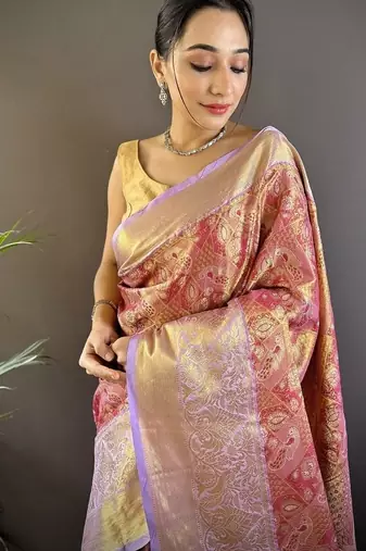 red & multicolor color zari weaving work kanjivaram tissue silk blend saree