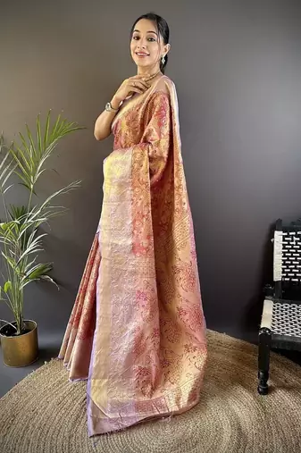 red & multicolor color zari weaving work kanjivaram tissue silk blend saree