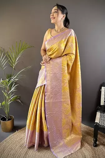 musturd & multicolor color zari weaving work kanjivaram tissue silk saree