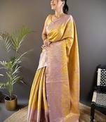 musturd & multicolor color zari weaving work kanjivaram tissue silk saree