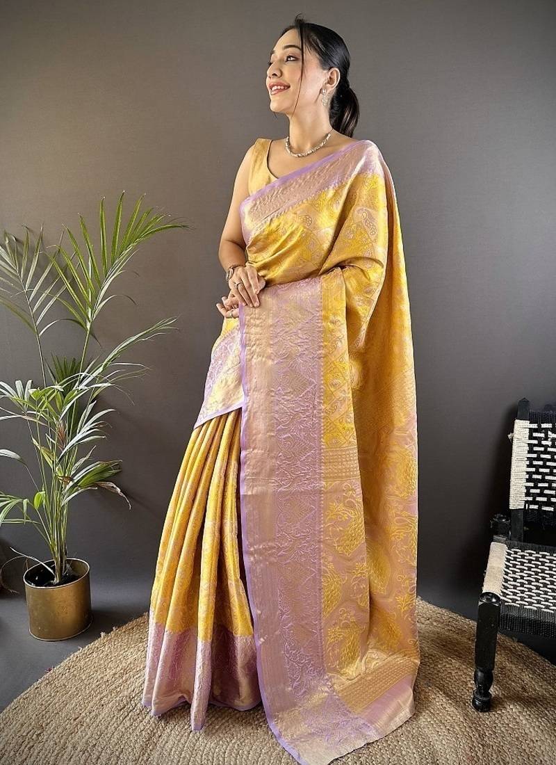 musturd & multicolor color zari weaving work kanjivaram tissue silk saree