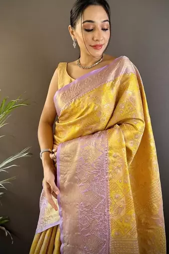 musturd & multicolor color zari weaving work kanjivaram tissue silk blend saree