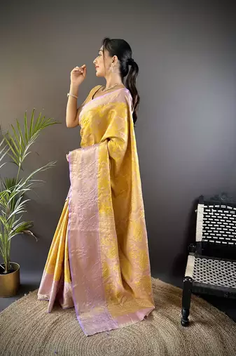 musturd & multicolor color zari weaving work kanjivaram tissue silk blend saree
