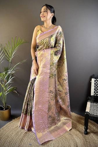 green & multicolor color zari weaving work kanjivaram tissue silk saree