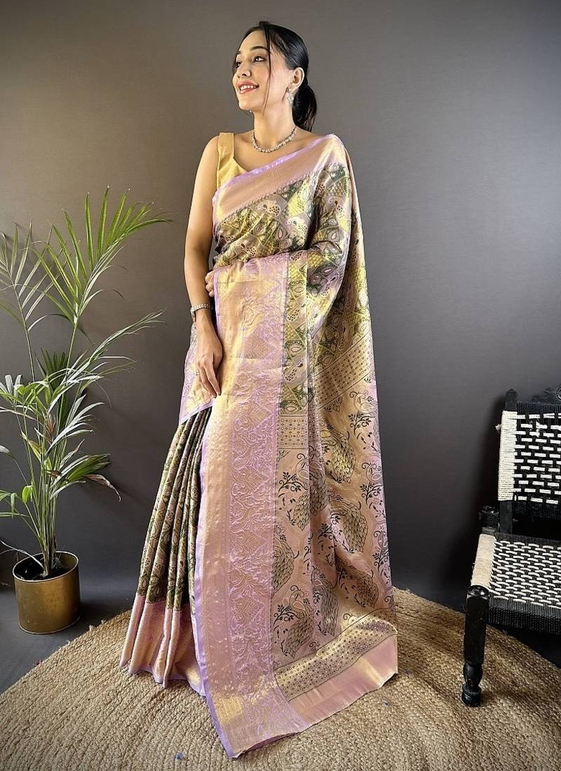 green & multicolor color zari weaving work kanjivaram tissue silk saree