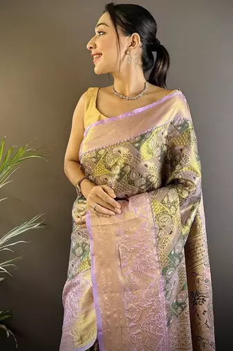 green & multicolor color zari weaving work kanjivaram tissue silk blend saree