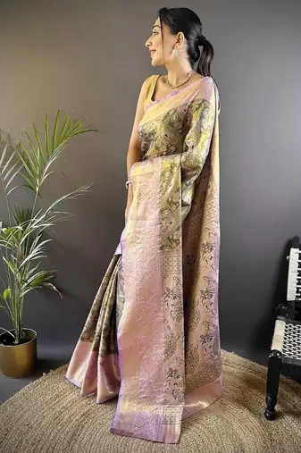 green & multicolor color zari weaving work kanjivaram tissue silk blend saree
