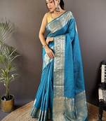 skyblue color zari weaving work nylon viscose saree