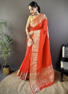 orange color zari weaving work nylon viscose saree 1