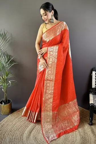 orange color zari weaving work nylon viscose saree