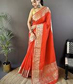 orange color zari weaving work nylon viscose saree