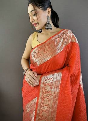 orange color zari weaving work nylon viscose saree 2