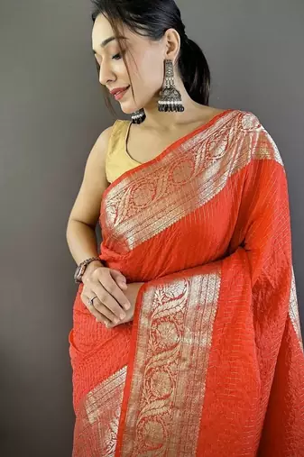 orange color zari weaving work nylon viscose saree