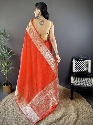 orange color zari weaving work nylon viscose saree 4