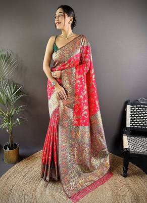 red flower zari weaves banarasi katan silk blend saree 1