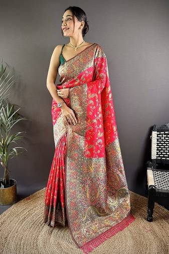 red color flower zari weaves banarasi katan silk saree