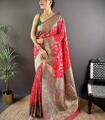 red color flower zari weaves banarasi katan silk saree