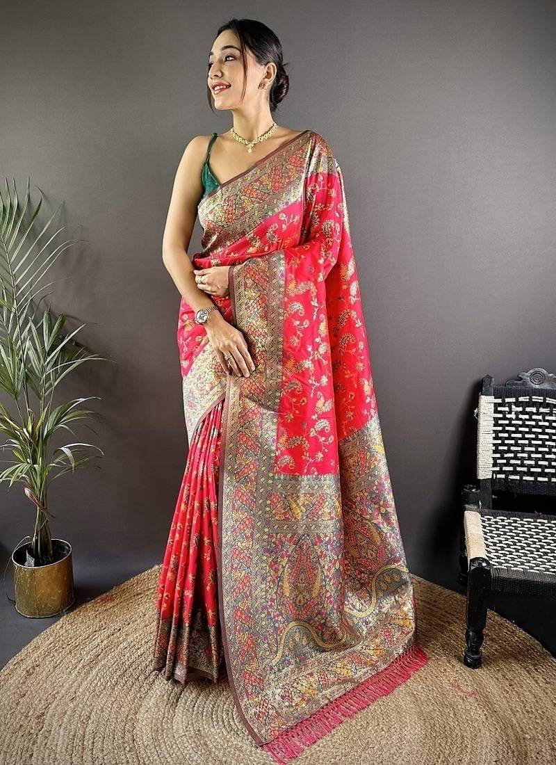 red color flower zari weaves banarasi katan silk saree