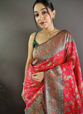 red flower zari weaves banarasi katan silk blend saree 2