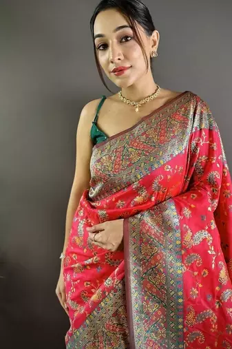 red color flower zari weaves banarasi katan silk blend saree