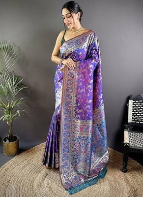 purple color flower zari weaves banarasi katan silk blend saree 1