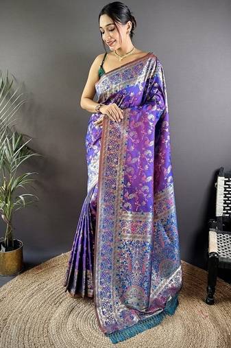 purple color flower zari weaves banarasi katan silk saree
