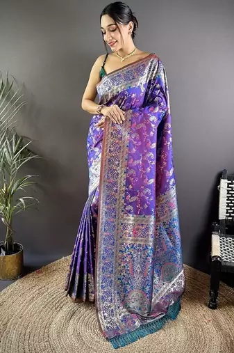 purple color flower zari weaves banarasi katan silk saree