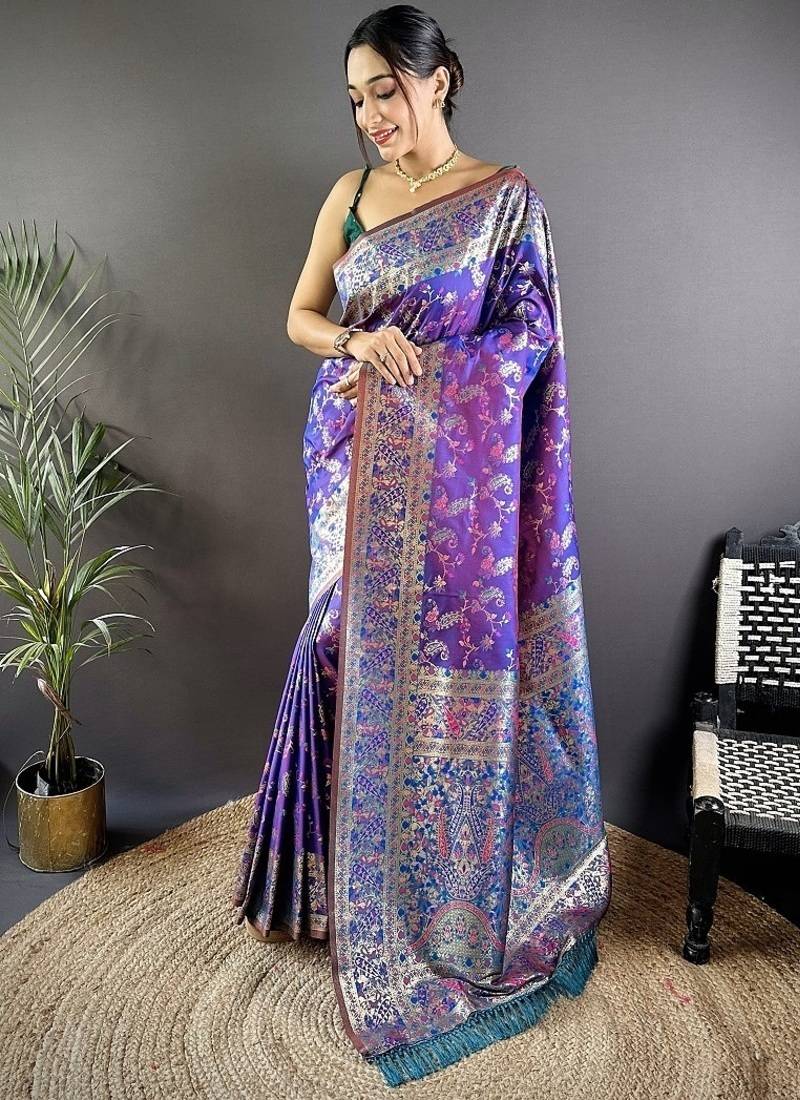 purple color flower zari weaves banarasi katan silk saree