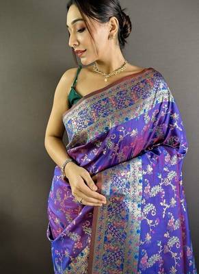 purple color flower zari weaves banarasi katan silk blend saree 2