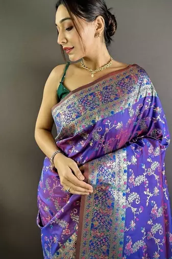 purple color flower zari weaves banarasi katan silk blend saree