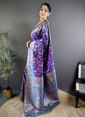 purple color flower zari weaves banarasi katan silk blend saree 3