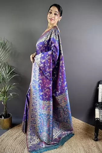 purple color flower zari weaves banarasi katan silk blend saree