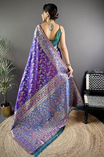 purple color flower zari weaves banarasi katan silk blend saree
