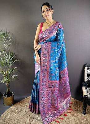 skyblue color flower zari weaves banarasi katan silk blend saree 1