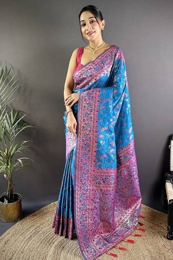 skyblue color flower zari weaves banarasi katan silk saree